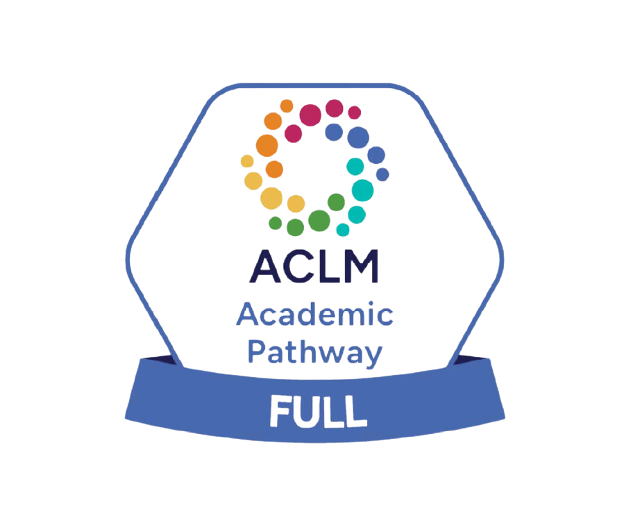 square like shape with the text aclm academic pathway and full in it with multicolor dots