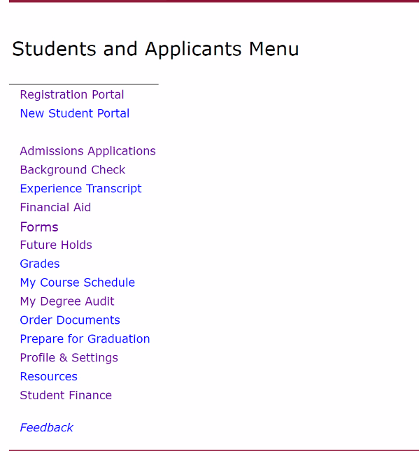 Students and Applicants Menu